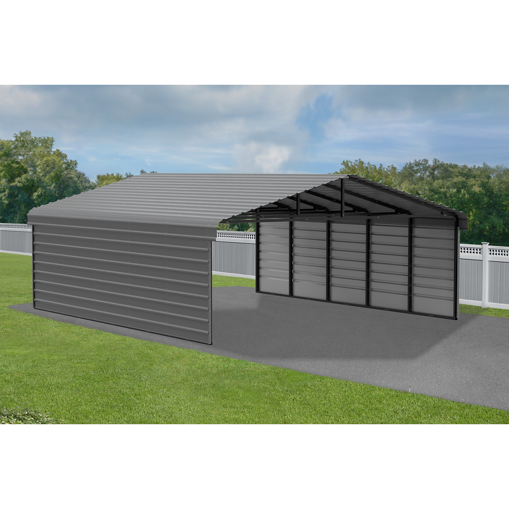Arrow, Steel Carport w/ 2 Side Wall Kits 20x24x9 Width 243 in, Height 142.75 in, Cover Material Steel, Model# CPHC202409ECL2